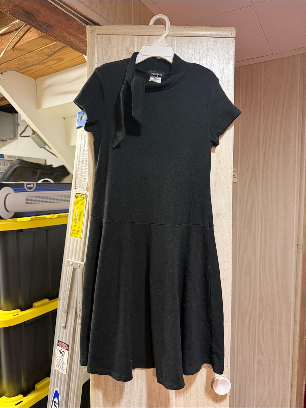 Speechless Black Short-Sleeve Knit Dress with Neck Tie